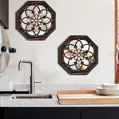 2-Piece Octagon Wall-Mounted Mirrors,Vintage Farmhouse Mirror for Wall Decor,Caramel Color Decorative Accent Mirror for Foyer, Bathroom, Bedroom. (12”x12”)
