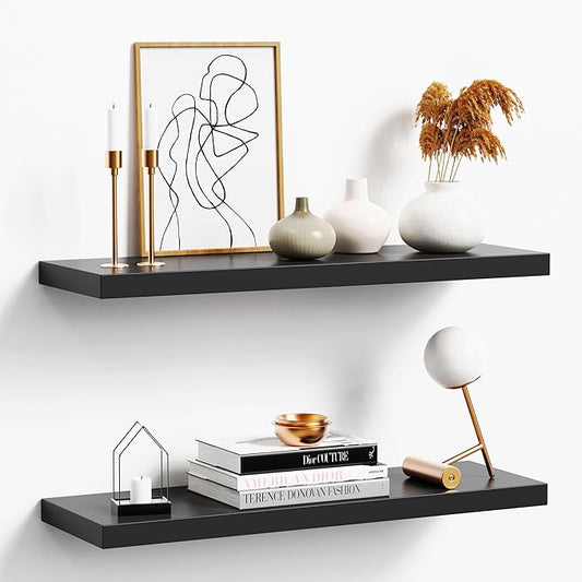 Floating Shelves for Wall, Black Wood Set of 2, 24" Mounted Shelf for Kitchen, Living Room, Bedroom, Bathroom Storage, Book Shelf, Home Decor, Frame Display