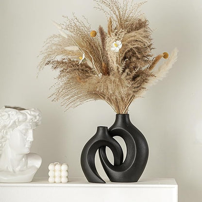 Snuggle Hollow Modern Ceramic Vase Set of 2, Mid Century Nordic Aesthetic Decorative Vase Decorative Vases for Home Table Decor (Matte Black W 6.3" X H 8.4")