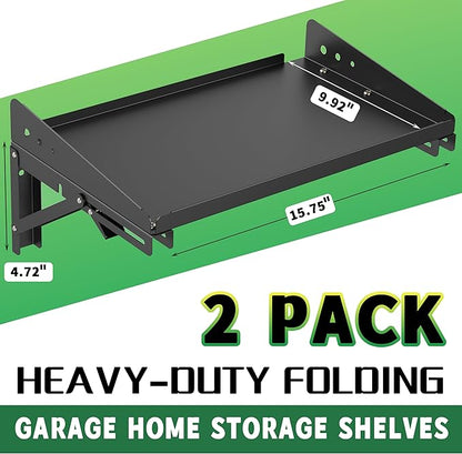ULIBERMAGNET Garage Folding Storage Rack Shelves,200LB Metal Wall Mounted Adjustable Rail Shelf for Garage,Power Tools,Toolbox,Storage Shelves with Lip for Workshop Kitchen Office (2 Pack)