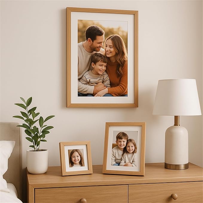 puthiac 4x4 Solid Oak Wood Picture Frame, Fits 3x3 with Mat or 4x4 Without Mat, Wall or Tabletop Display with Stand, Plexi Front, 1 Pack, Natural Oak