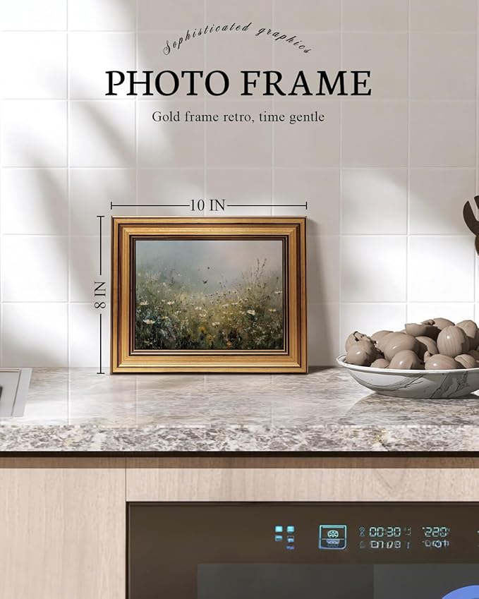 VIYYIEA Gold Framed Art Prints,8x10Inch, Wildflower Floral Vintage Art Painting, Country Spring Landscape Decor for Bedroom Bathroom Dining Room Shelf, Rustic Farmhouse Canvas Picture