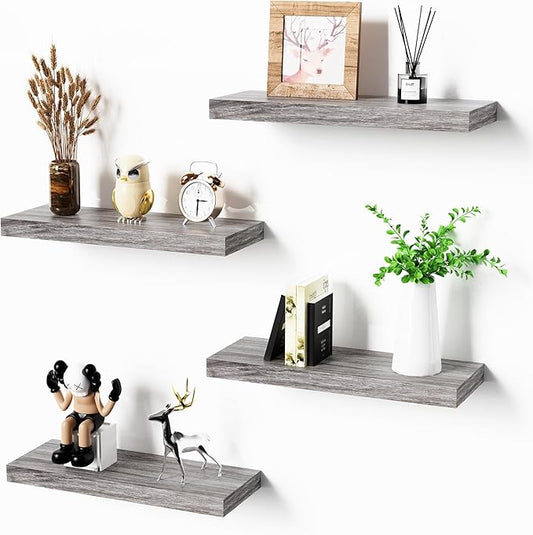 Bellsal Floating Shelves for Wall, Gray Engineered Wood Wall Shelf Set of 4, 16" Walls Mounted Floating Shelf for Kitchen, Living Room, Bedroom, Bathroom Storage, Book Shelfs for Home Decor
