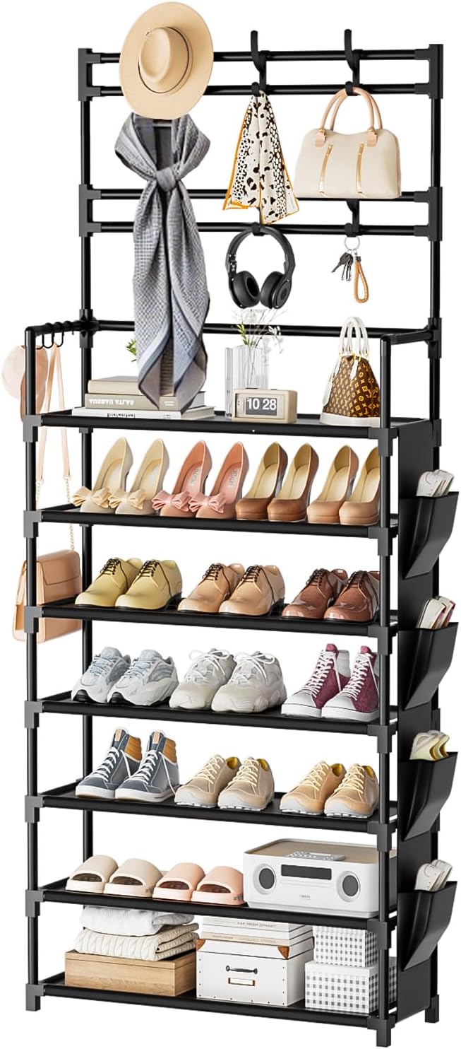 Shoe Rack 7 Tier Shoe Organizer Storage 21-28 Pairs Closet Shoes Rack for Front Door Entrance Shoe Rack Organizer with Hooks Side Pocket Entryway Large Capacity Shoe Shelf Tower Garage