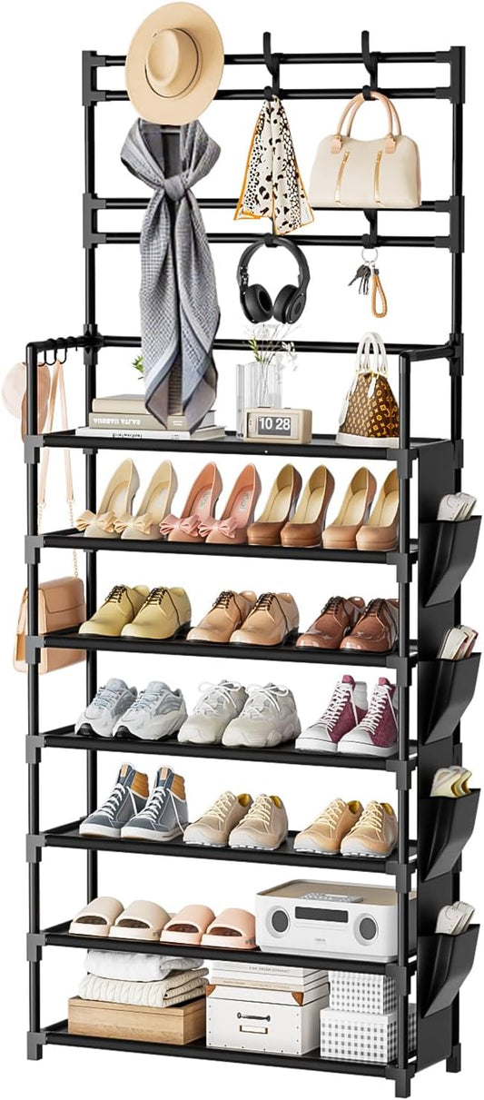 Shoe Rack 7 Tier Shoe Organizer Storage 21-28 Pairs Closet Shoes Rack for Front Door Entrance Shoe Rack Organizer with Hooks Side Pocket Entryway Large Capacity Shoe Shelf Tower Garage