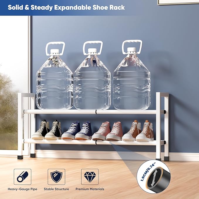 Abiglifty 2-Tier Expandable Shoe Rack,17"-33" Adjustable Shoe Rack for Closet,Metal Shoes Shelves for Front Door Entrance, Garage & Corridor, Free Standing Shoe Holders, Easy to Assemble,White