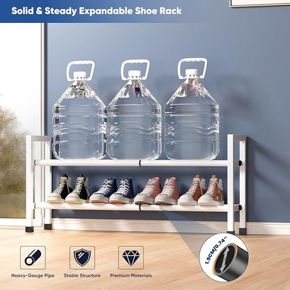 Abiglifty 2-Tier Expandable Shoe Rack,17"-33" Adjustable Shoe Rack for Closet,Metal Shoes Shelves for Front Door Entrance, Garage & Corridor, Free Standing Shoe Holders, Easy to Assemble,White