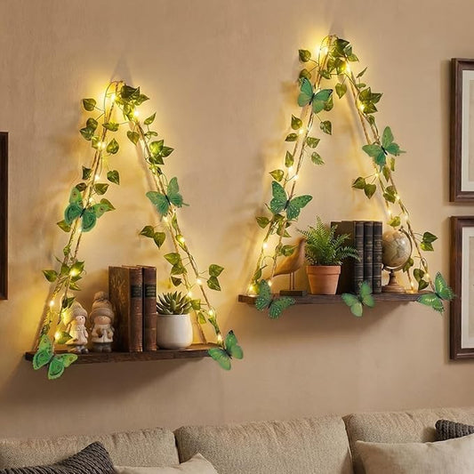2 Set Floating Shelves for Wall, Plant Wall Decor Hanging Shelves Hanging Shelf with 48 Pcs 3D Butterfly Stickers Cottage Core Decor for Bedroom Bathroom Living Room Kitchen House