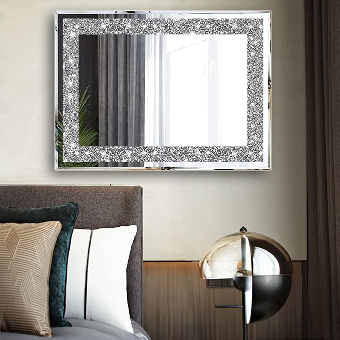 2 Piece Wall Mirrors, Crush Diamond Wall Décor Silver Decorative Mirrors for Living Room , Bedroom, Bathroom. (11”x15”)