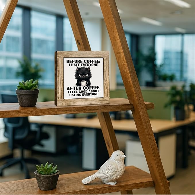 Funny Coffee Wooden Decor, Humorous Coffee Bar Wood Sign, I Feel Good About Hating Everyone, Funny Office Desk Decorative Sign, Farmhouse Cafe Decor Signs 5.9X5.9 Inches