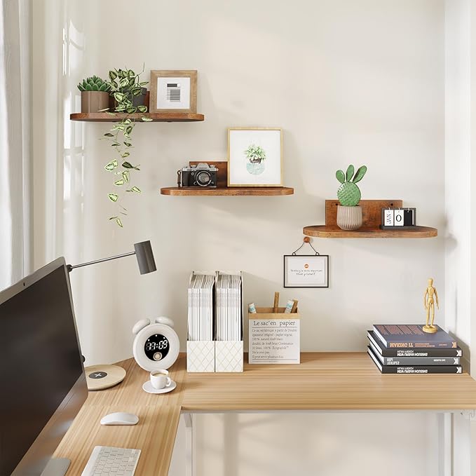 Wooden Floating Shelves for Wall, Floating Shelf for Bedroom Kitchen Decor, Wall Mounted Rustic Farmhouse Wood Shelf for Books, Plants, Set of 3(Rustic Brown, S (Round))