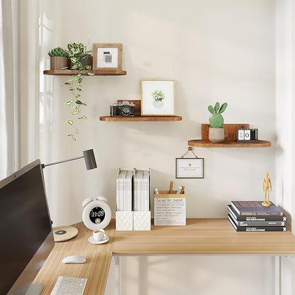 Wooden Floating Shelves for Wall, Floating Shelf for Bedroom Kitchen Decor, Wall Mounted Rustic Farmhouse Wood Shelf for Books, Plants, Set of 3(Rustic Brown, S (Round))