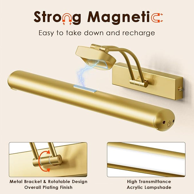 Picture Light for Wall with Remote, Wireless Battery Operated Wall Lights with 3 Colors Dimmable & Timer, 12.6" Rechargeable Metal Wall Sconce for Living Room, Artwork Gallery Display, Gold 1Pack
