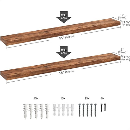 Ballucci Floating Shelves, 55" Wood Wall Shelf Set of 2, with Invisible Brackets for Bathroom, Living Room, Bedroom, Kitchen, Nursery, 6" Deep, Rustic Brown