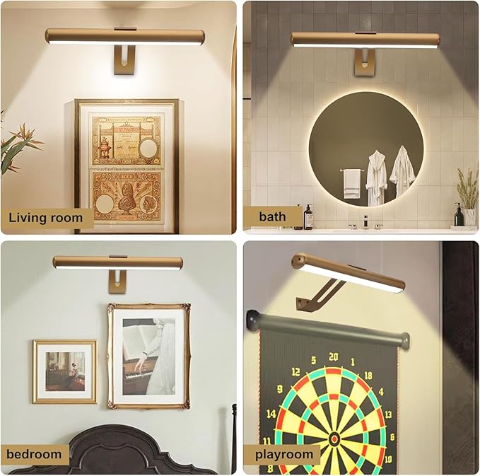 Picture Light 2 Pack, Rechargeable Picture Light for Paintings with Remotes, Wireless Picture Frame Light, 3 Lighting, 300LM Battery Operated Art Light for Display, Picture-Gold