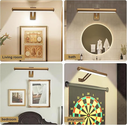 Picture Light, Rechargeable Picture Light for Paintings with Remotes, Wireless Picture Frame Light, 3 Lighting, 300LM Battery Operated Art Light for Display, Picture-Gold