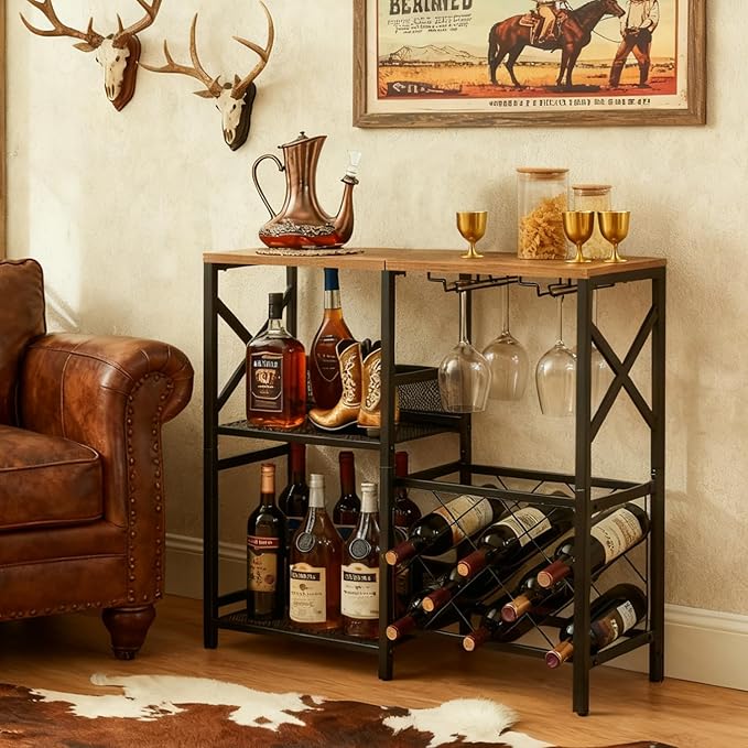 Wine Bar Cabinet, Rustic Freestanding Wine Rack with Glass Holder and Fence, Bar Cabinet with 2 Tier Storage, Liquor Shelf for Home Bar, Rustic Brown
