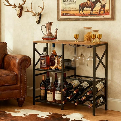 Wine Bar Cabinet, Rustic Freestanding Wine Rack with Glass Holder and Fence, Bar Cabinet with 2 Tier Storage, Liquor Shelf for Home Bar, Rustic Brown
