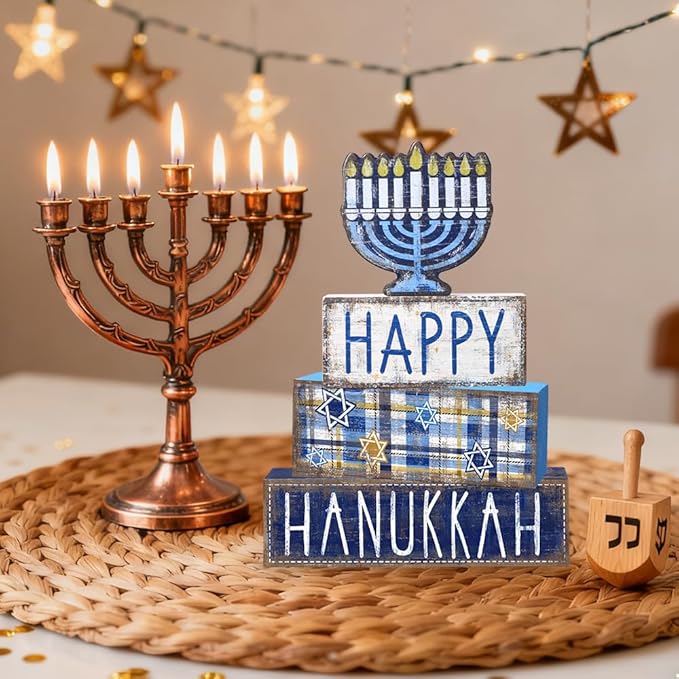 DIYDEC 4Pcs Hanukkah Table Decoration Happy Hanukkah Wooden Block Wooden Menorah Decoration Chanukah Table Centerpiece Sign Jewish New Year Decor for Holiday Gifts Tabletop Fireplace Shelf Desk Party