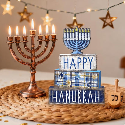 DIYDEC 4Pcs Hanukkah Table Decoration Happy Hanukkah Wooden Block Wooden Menorah Decoration Chanukah Table Centerpiece Sign Jewish New Year Decor for Holiday Gifts Tabletop Fireplace Shelf Desk Party