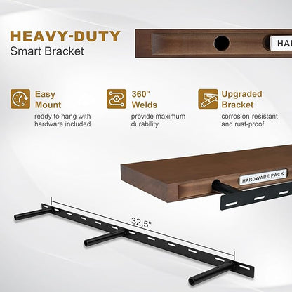 Fun Memories Floating Shelves, 9.3 Inch Deep Solid Pine Wood Wall Shelves for Storage, Rustic Wall Mounted Display Shelf with Invisible Heavy-Duty Metal Bracket, 55 Inch Width, Walnut