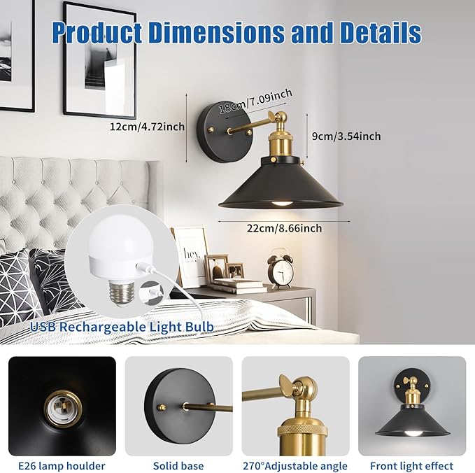 Black & Gold Vintage Rechargeable Battery Operated Wall Sconces, Cordless Battery Powered Led Wall Lights Set of 2, Wall Lamp Fixture Indoor with Remote Control for Bedroom Farmhouse Gallery