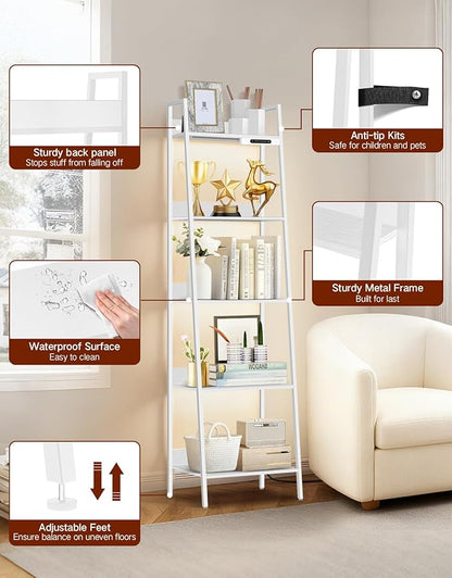 5-Tier Small Ladder Shelf with LED Lights, Touch & Remote Control, 3 Color Temperatures, Dimmable Tall Corner Standing Bookcase, Metal Wood Display Shelf for Living Room, Bedroom(White)