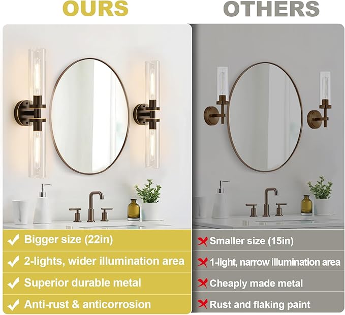 Wall Sconces Set of Two, Hardwired Brown Bathroom Sconces Wall Lighting with Clear Glass, Modern Sconces Wall Decor Set of 2 Bathroom Light fixtures for Mirror Hallway (Bulbs Not Included)
