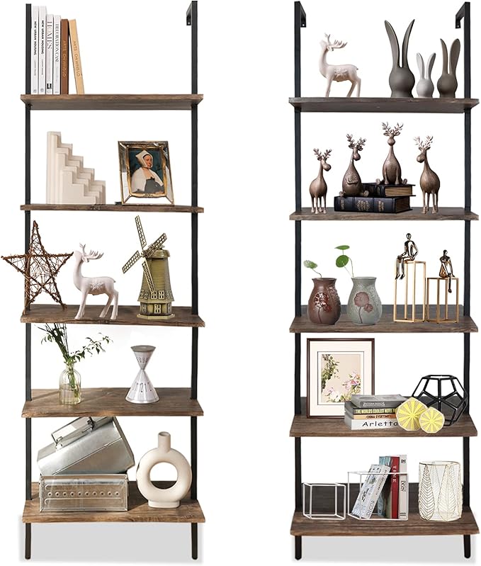 aboxoo Ladder Shelf 2PCS Open Bookshelf 5-Tier Wall-Mounted Wood Bookcase Rack Open Back Industrial Modern Plant Flower Stand Utility OrganizerMetal Frame Furniture Office Kitchen Bedroom (Brown)