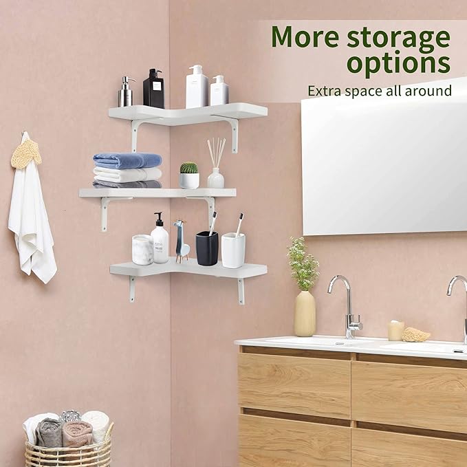 fuqing Corner Floating Shelves, Wall Shelf Set of 3, Shelves for Wall Storage, Solid Wood Shelves for Storage, Wall Mount Wooden Display Shelf for Bathroom Bedroom Kitchen Garage, White