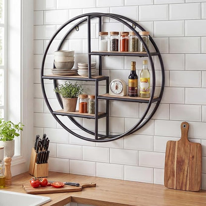 Giantex Industrial Style Round Wall Shelves, 4-Tier Decorative Circle Metal and Wood Wall Shelf for Display & Storage, Modern Geometric Wall Mounted Display Organizer for Living Room, Bedroom, Study