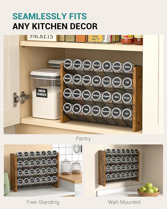 NESAPTO Spice Rack Organizer for Cabinet, Wooden 4 Tier Vertical Seasoning Organizers for Kitchen Pantry, Countertop/Wall Mount, Holds 28 Spice Jars (No Jars Included), 14