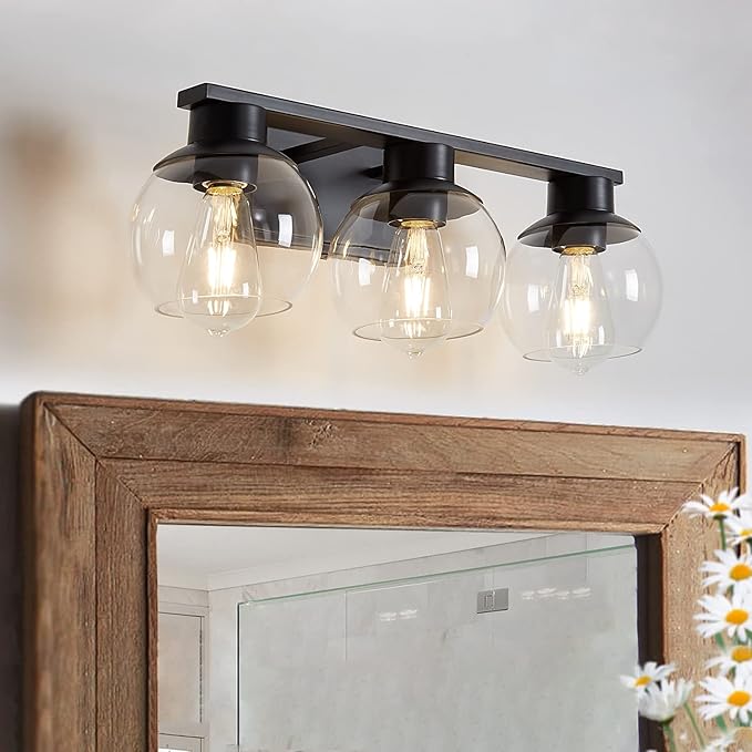 3-Lights Black Bathroom Vanity Lights, Modern Bathroom Lighting Fixtures with Globe Glass Shade, 22in Matte Black Wall lamp for Bath Over Mirror Kitchen Cabinet Living room Hallway Bedroom Porch