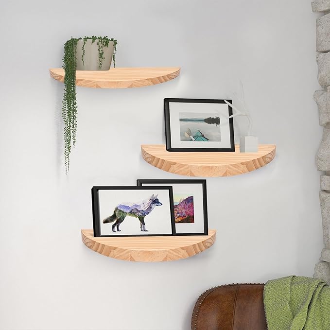 Small Floating Plant Shelves Set of 2 - Rustic Wood Half Circle Shelves for Bedroom Living Room Bathroom Kitchen Office (Natural)