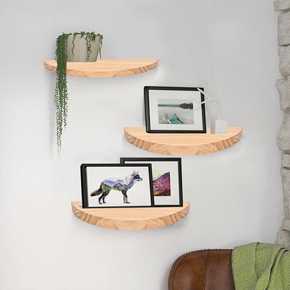 Small Floating Plant Shelves Set of 2 - Rustic Wood Half Circle Shelves for Bedroom Living Room Bathroom Kitchen Office (Natural)