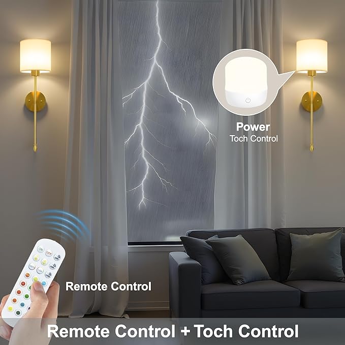 Battery Operated Wall Sconce Set of Two, 15 Colors Rechargeable Wall Lamp with Dimmable Bulbs and Remote, Gold Wireless Wall Sconce for Bedroom Living Room Hallway