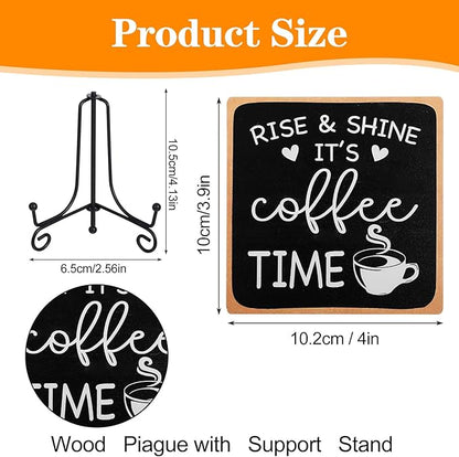 Wooden Coffee Sign Rise & Shine It's Coffee Time Decor Funny Bar Accessories Decorations Supplies Farmhouse Wood Plaque with Stand for Women Men Home Office Kitchen Tabletop Shelf
