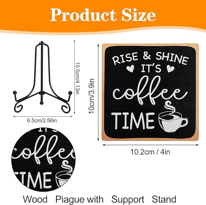 Wooden Coffee Sign Rise & Shine It's Coffee Time Decor Funny Bar Accessories Decorations Supplies Farmhouse Wood Plaque with Stand for Women Men Home Office Kitchen Tabletop Shelf