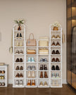 6 Tiers Vertical Shoe Rack, Narrow Shoe Tower, Tall Shoes Shelf with 2 Hooks, Adjustable Shelves, Corner Shoes Shelves for Small Spaces, Entryway, Living Room, White SR04213W
