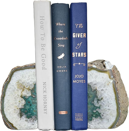 Nature's Decorations Agate Bookends - A Quality Green Geode with Non-Skid Rubber Bumpers for Shelves, Office, Home Decor, Heavy Duty Cute Stone (2-3 LB)