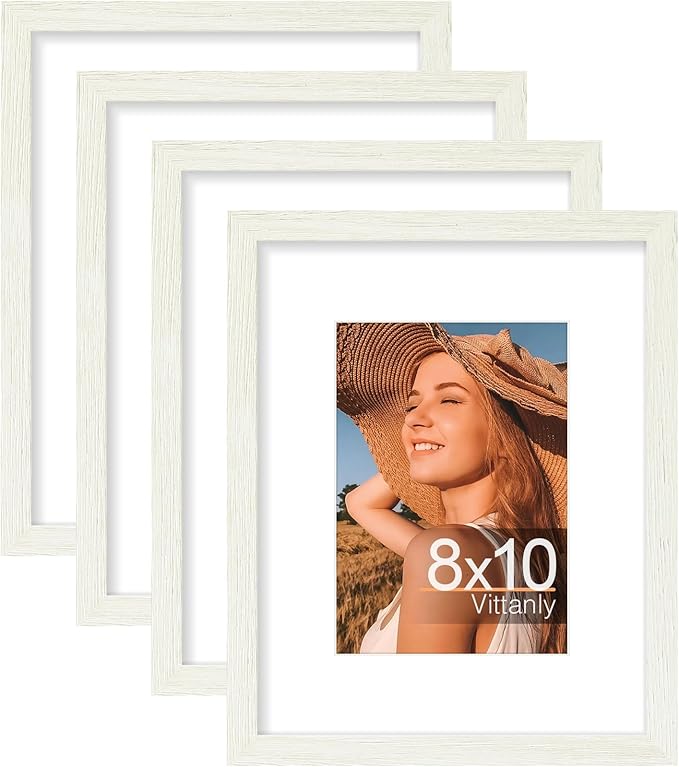 Vittanly 8x10 Picture Frames Set of 4, Display Pictures 5x7 with Mat or 8x10 without Mat, Gallery Frame Set for Wall or Tabletop Display, Engineered Wood with Shatter Resistant Plexiglass, Whitemist