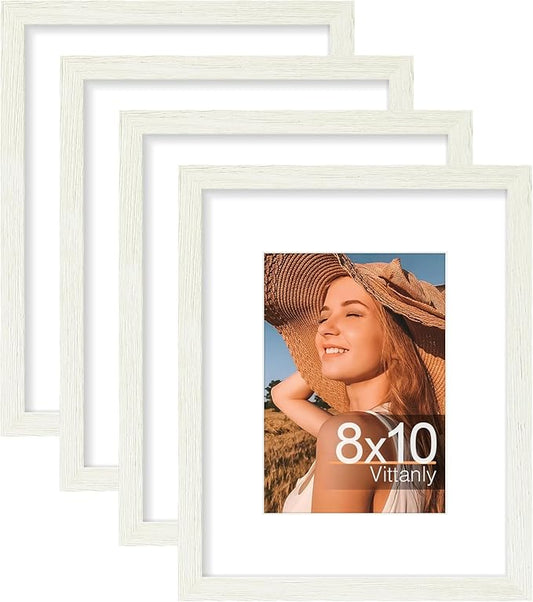 Vittanly 8x10 Picture Frames Set of 4, Display Pictures 5x7 with Mat or 8x10 without Mat, Gallery Frame Set for Wall or Tabletop Display, Engineered Wood with Shatter Resistant Plexiglass, Whitemist