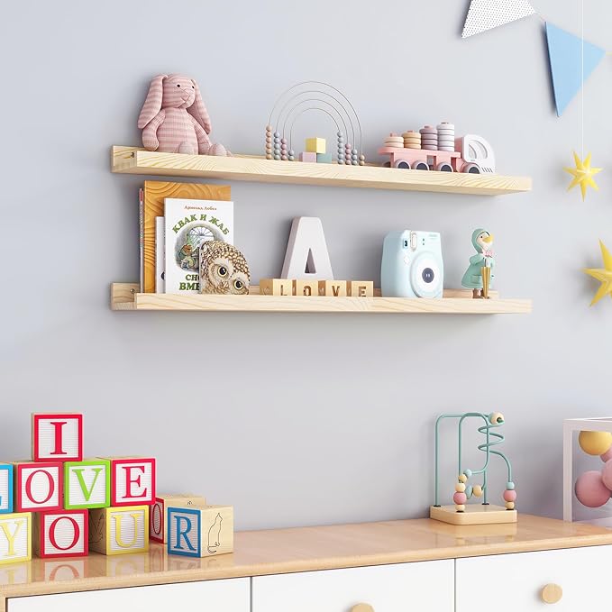 Picture Ledge Shelf for Wall, 36 inch Solid Ash Wood Nursery Book Shelves 2 Packs, Floating Shelves for Kids' Room Bedroom Bathroom Living Room Photo Frames Office Nursey Wall Decor, Natural