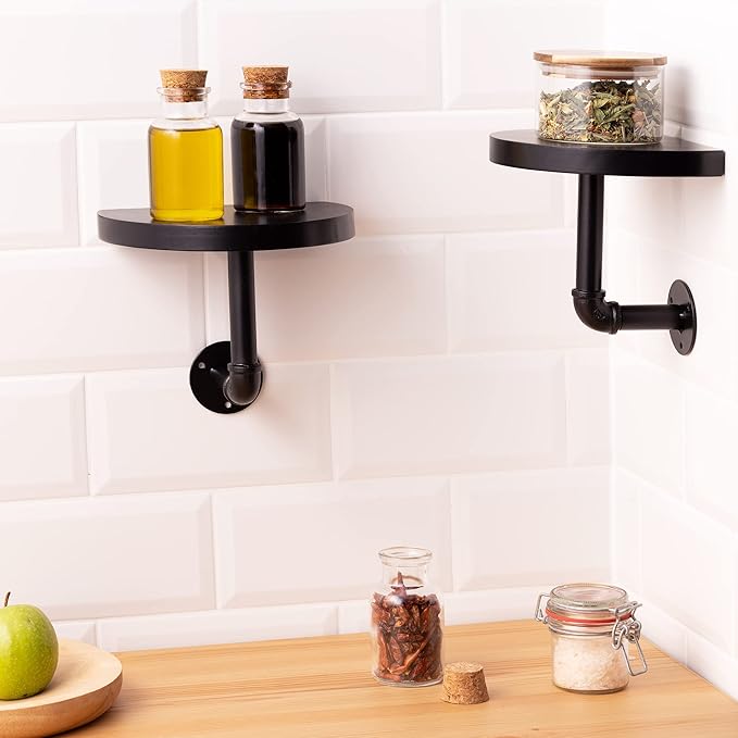Navaris Industrial Pipe Shelf Set - 3 Small Rounded Wood Shelves with Shelf Brackets - 7.9" x 5.9" Wall-Mounted Wooden Shelving - Size S, Black