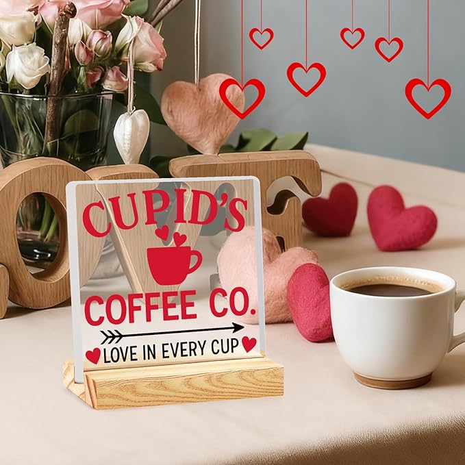 Valentines Coffee Desk Decor, Valentine's Day Gifts for Lover Bar Station, Valentine Home Office Table Sign for Kitchen Shelf Tiered Tray, Cafe Tabletop Decoration to Couples, Coffee Co Love