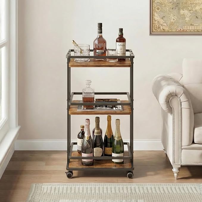 Bar Carts for the Home with Wheels, 3 Tier Beverage Bar Cart with Storage Shelves, Coffee Bar Cabinet for Your Home Entertainment