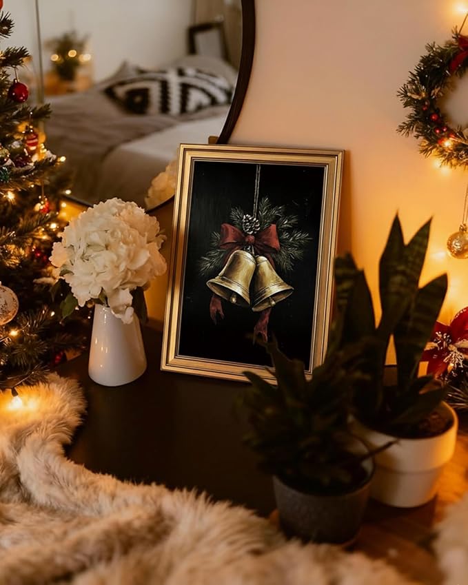 VIYYIEA Gold Framed Canvas Art, Vintage Christmas Bells Decor, 12x16Inch, Winter Retro Jingle Bells Picture Painting Gifts, xmas Decorations for Bedroom Living Room Shelf Fireplace entryway