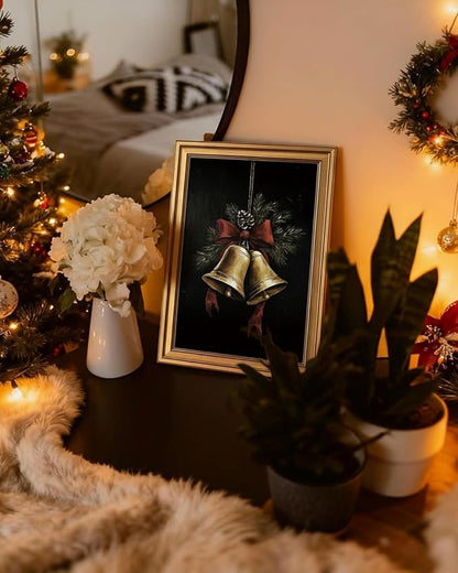 VIYYIEA Gold Framed Canvas Art, Vintage Christmas Bells Decor, 12x16Inch, Winter Retro Jingle Bells Picture Painting Gifts, xmas Decorations for Bedroom Living Room Shelf Fireplace entryway