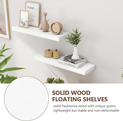 fuqing White Floating Shelves for Wall - 24 Inch Wide x 6.7 Inch Deep Solid Wood Shelves Set of 2 - White Wood Ledge Shelf for Bedroom Bathroom Living Room Kitchen