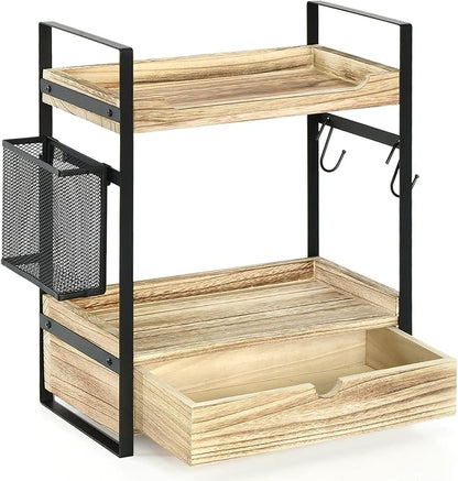 Coffee Station Organizer Countertop, Wooden Coffee Bar Accessories Organizer with Basket, 2 Mug Holder Hooks and Pod Drawer, Multifunctional 2 Tier Countertop Organizer for Kitchen, Bathroom, Office